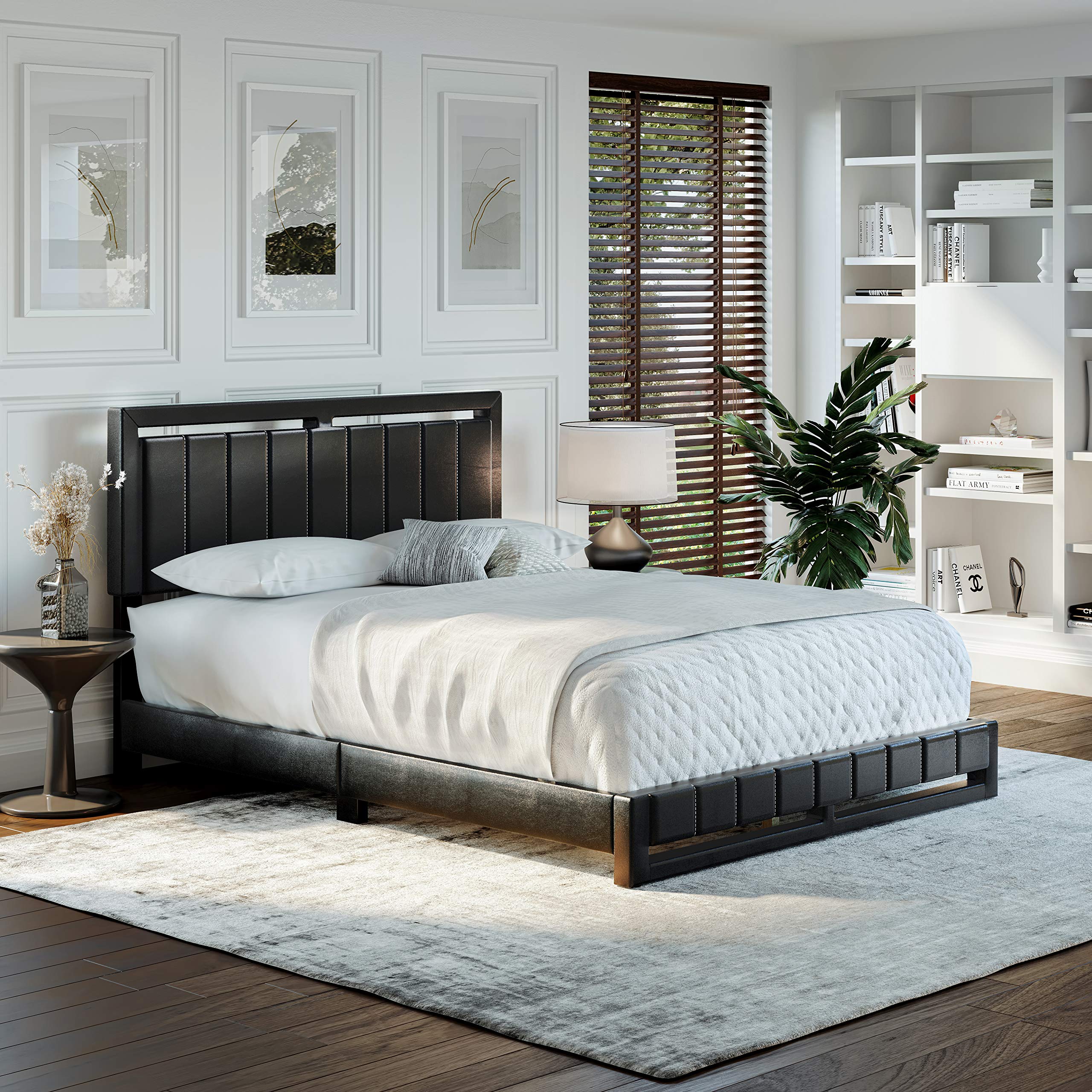 Boyd Sleep Beaumont Upholstered Platform Bed with Headboard, Mattress Foundation with Strong 14 Wood Slat Supports, No Box Spring Required, Black Faux Leather, Size King